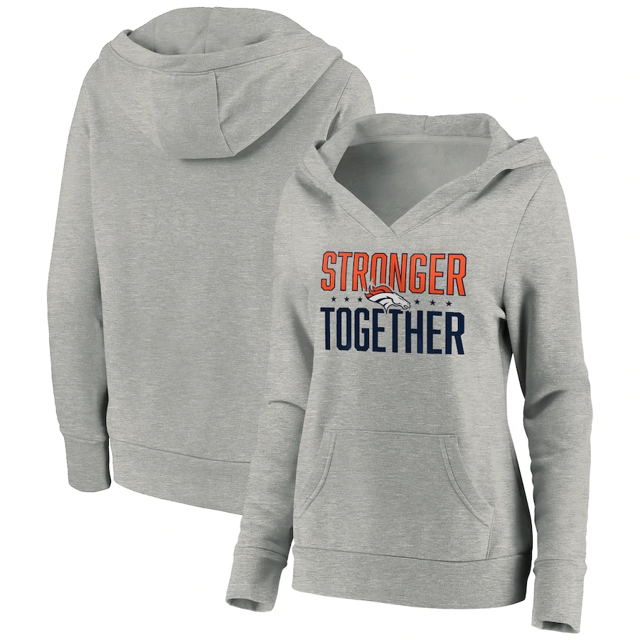 Women's Denver Broncos Heather Gray Stronger Together Crossover Neck Pullover Hoodie(Run Small)